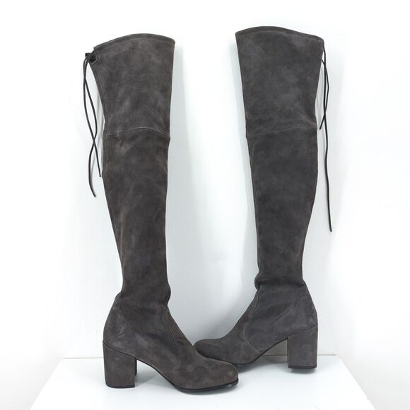 Stuart Weitzman Women 10 Tieland Boots Gray Suede OTK Almond Toe Block Heel Tie - Picture 5 of 9